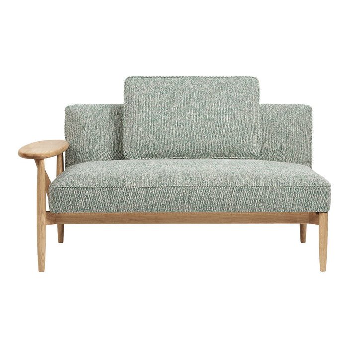 Light green patterned loveseat with natural wood armrest, featuring a modern, minimalist design.