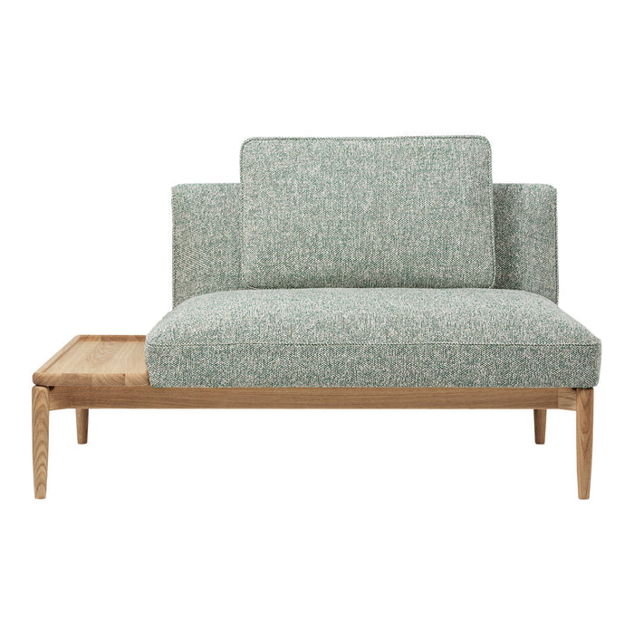 Light green textured fabric sofa with a wooden base, featuring a modern, minimalist design. Perfect for contemporary decor.