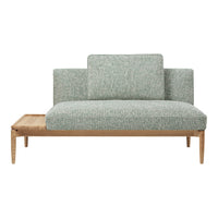 Light teal and cream speckled upholstery on a modern two-tone wooden sofa. Elegant, minimalist design.