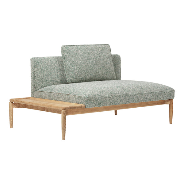 Light green textured upholstery with a natural wood frame, perfect for modern decor.