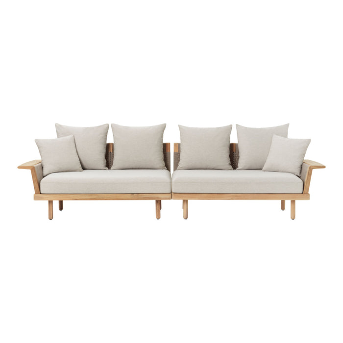 Light beige cushions with a natural wood frame, featuring a sleek, minimalist design and soft, neutral tones.