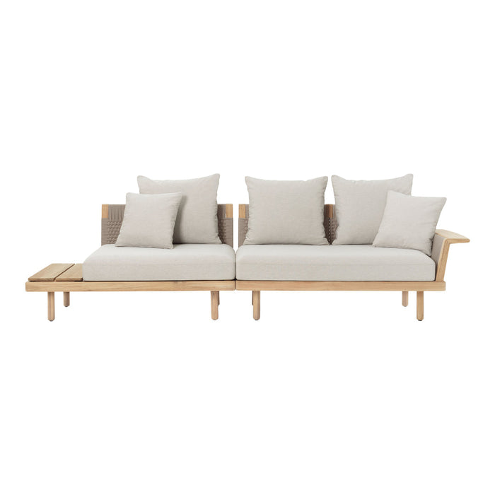 Modern wooden sofa with neutral beige cushions, featuring a minimalist design and clean lines. Perfect for outdoor lounging.