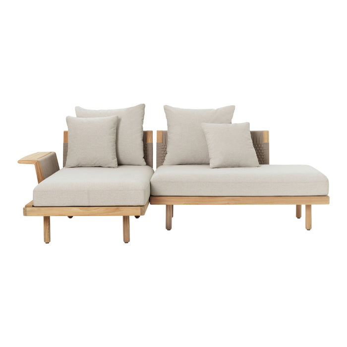 Light beige cushions with a soft texture, paired with a natural wood frame, creating a modern, minimalist design.