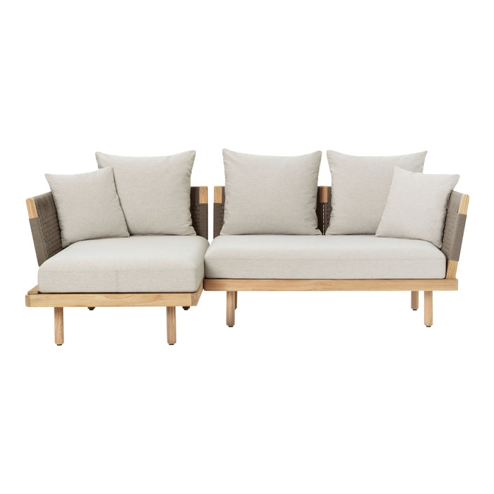 Light beige cushions with subtle texture on a wooden frame, featuring a modern, minimalist design.