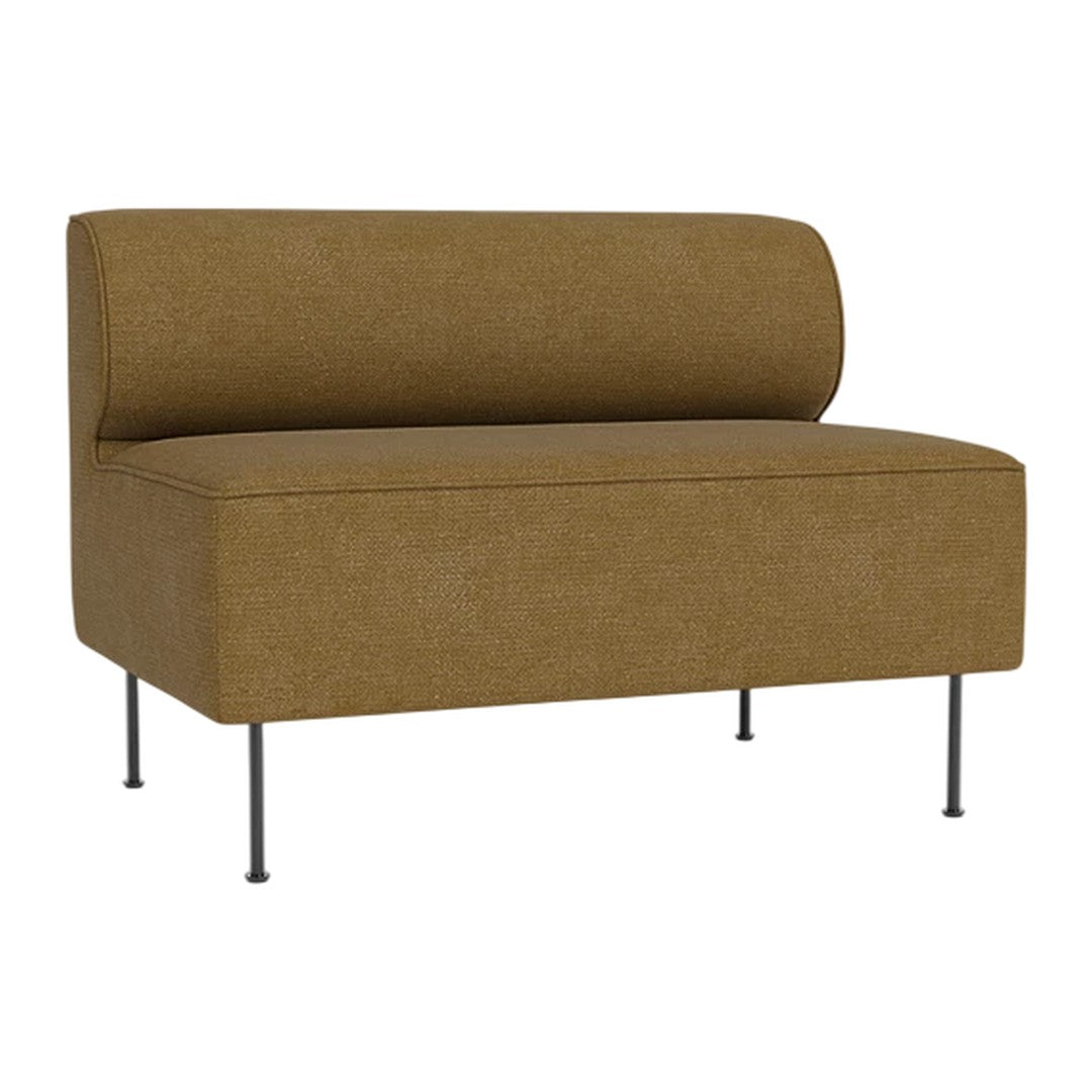 Brown upholstered bench with a smooth texture and minimalistic design, featuring modern black metal legs.