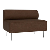 Brown upholstered loveseat with a smooth fabric finish and minimalistic design. Stylish legs in sleek metal.