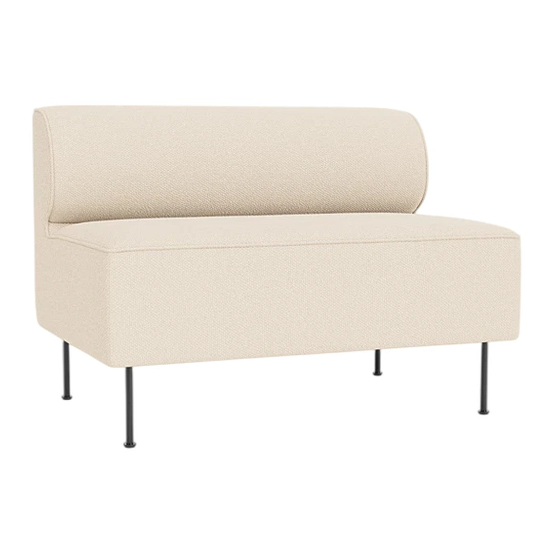 Beige upholstered bench with a rounded backrest and sleek black metal legs, perfect for modern decor.