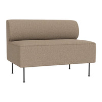Tan fabric sofa with a smooth texture and rounded backrest, featuring minimalist black legs for a modern look.