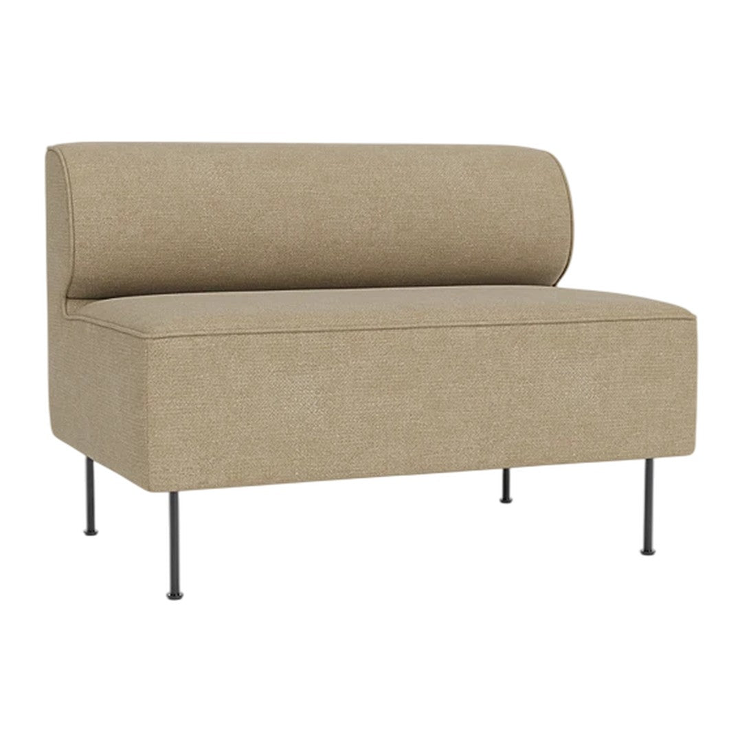 Beige upholstered bench seat with a smooth, minimalist design and sleek black metal legs. Perfect for modern decor.