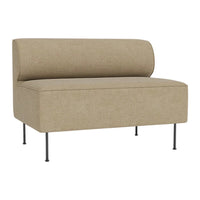 Beige upholstered bench seat with a smooth, minimalist design and sleek black metal legs. Perfect for modern decor.