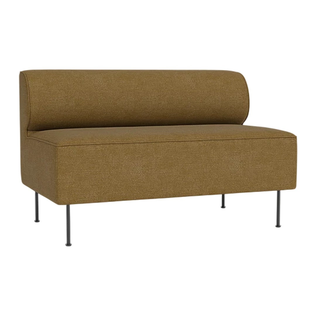Brown upholstered sofa with a smooth texture and rounded backrest, complemented by sleek metal legs.