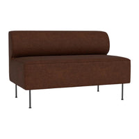 "Solid brown upholstered bench with a modern design and sleek metal legs."