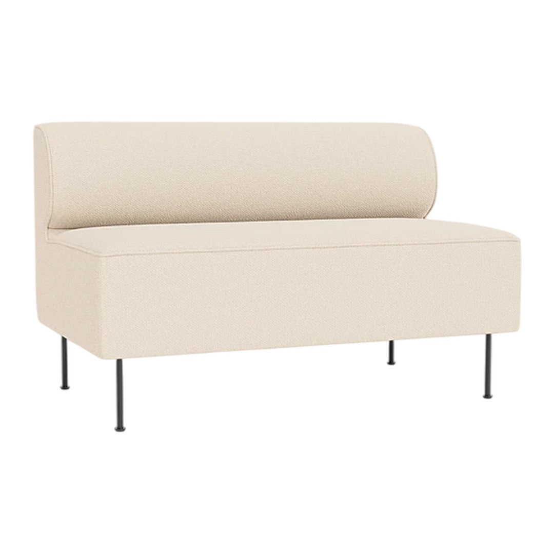 Minimalist cream sofa with a cylindrical backrest, featuring simple lines and black metal legs. Perfect for modern decor.