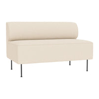 Minimalist cream sofa with a cylindrical backrest, featuring simple lines and black metal legs. Perfect for modern decor.