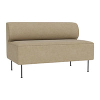 Beige upholstered sofa with smooth fabric and minimalist design, featuring a cylindrical backrest and sleek metal legs.
