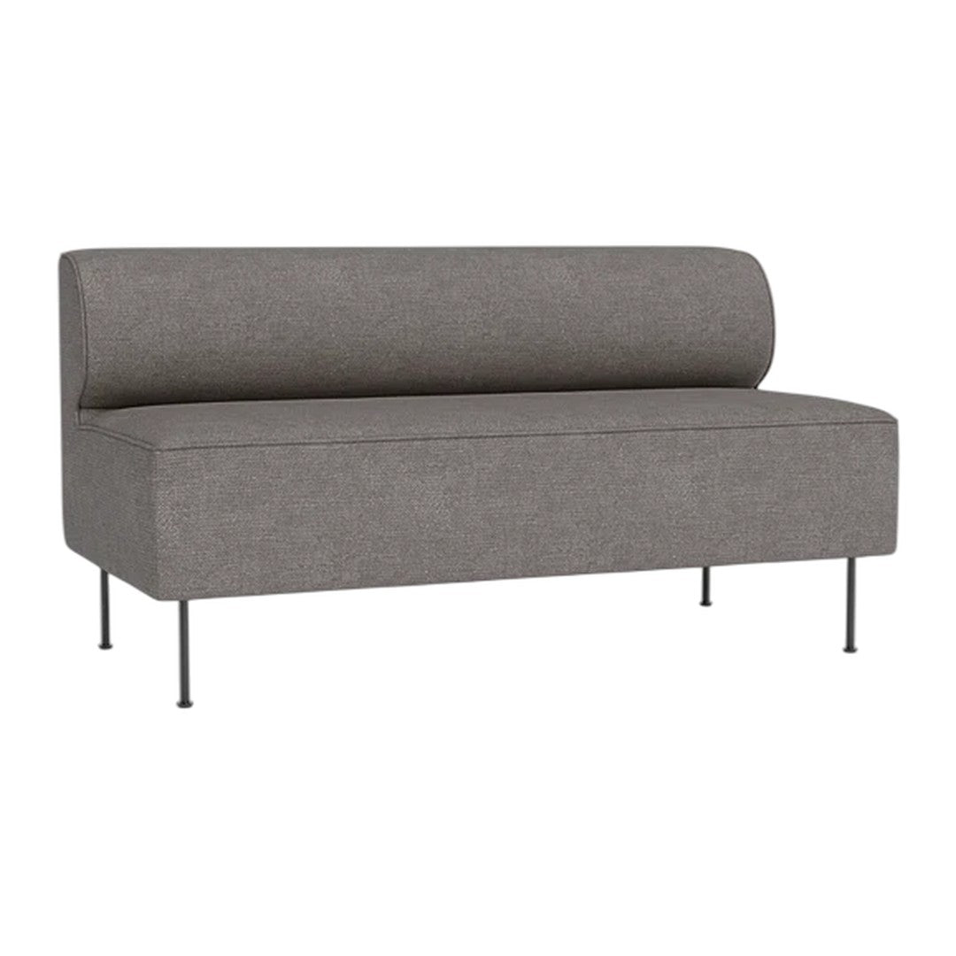 Gray upholstered bench with a minimalist design and rounded backrest, featuring clean lines and metal legs.