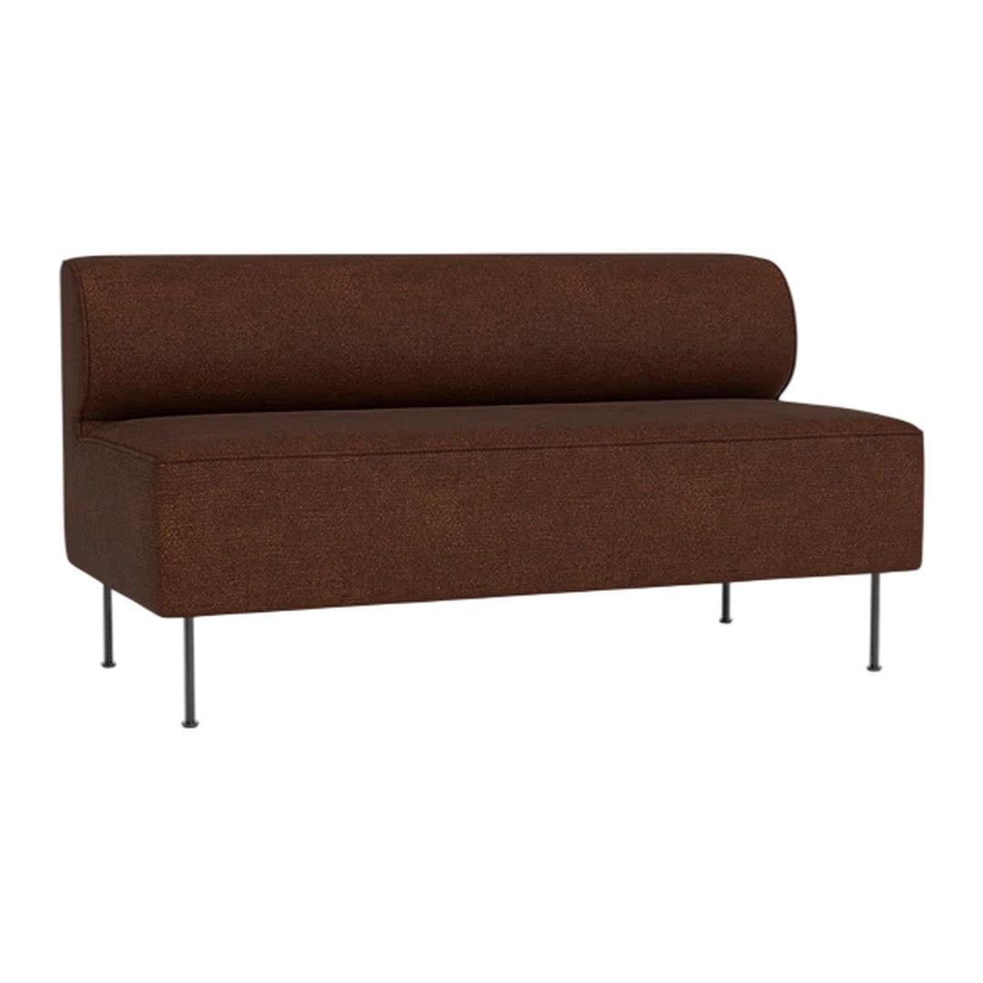 Brown upholstered sofa with a smooth texture and minimalist design, featuring sleek metal legs.