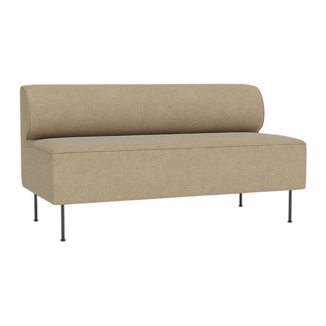 Beige sofa with a round backrest and sleek metal legs, featuring a smooth, textured fabric pattern.