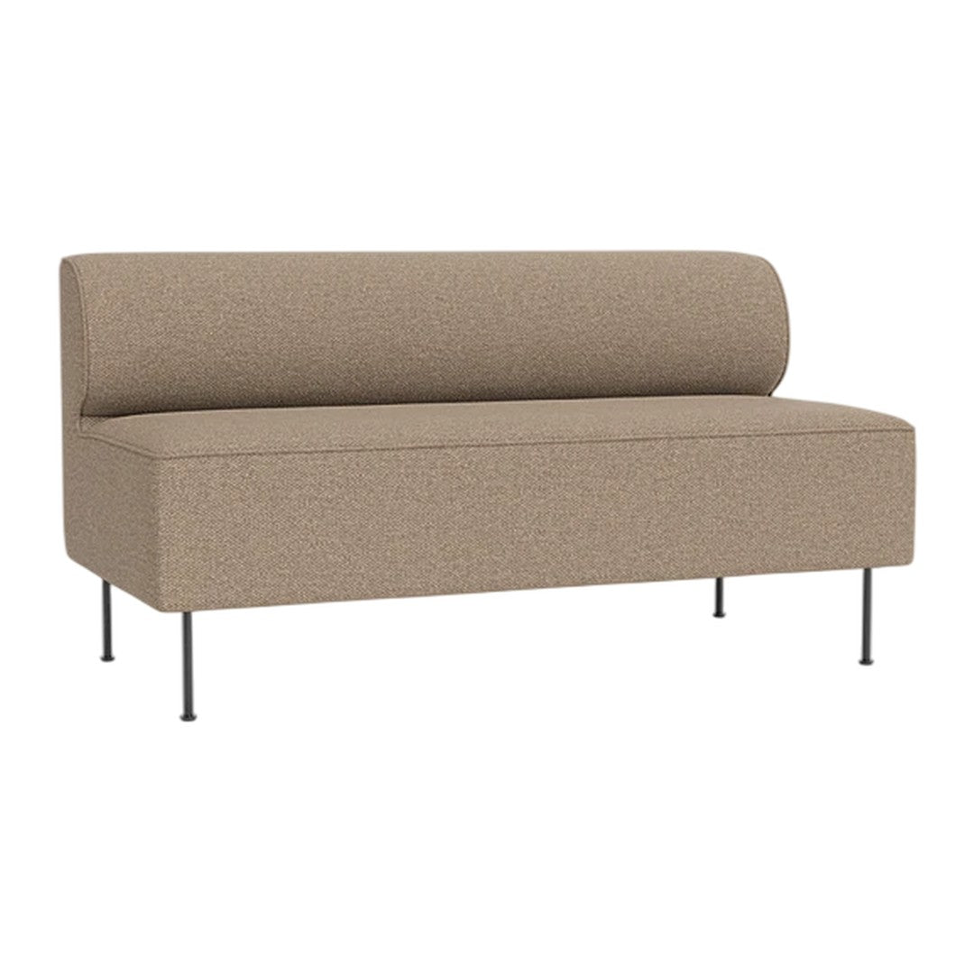 Brown upholstered sofa with a minimalist design and smooth texture, featuring sleek metal legs.