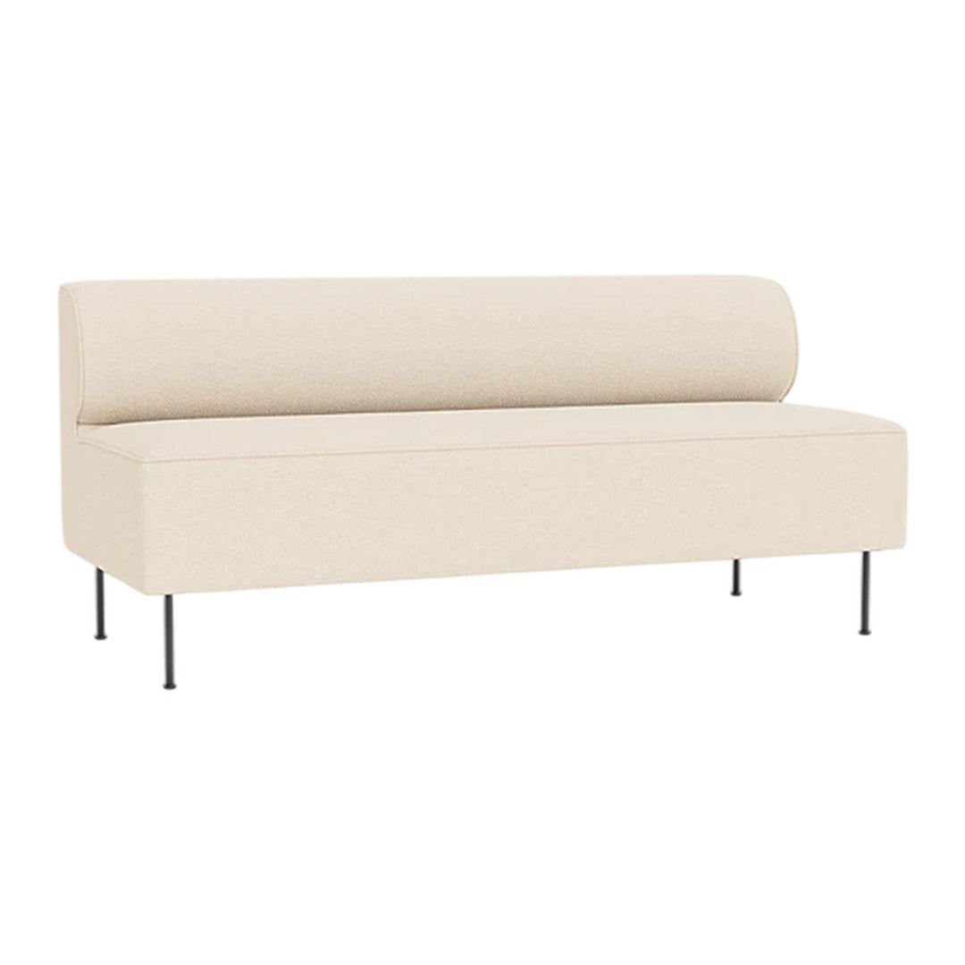 Beige minimalist sofa with a smooth fabric finish and sleek metal legs, ideal for modern decor.
