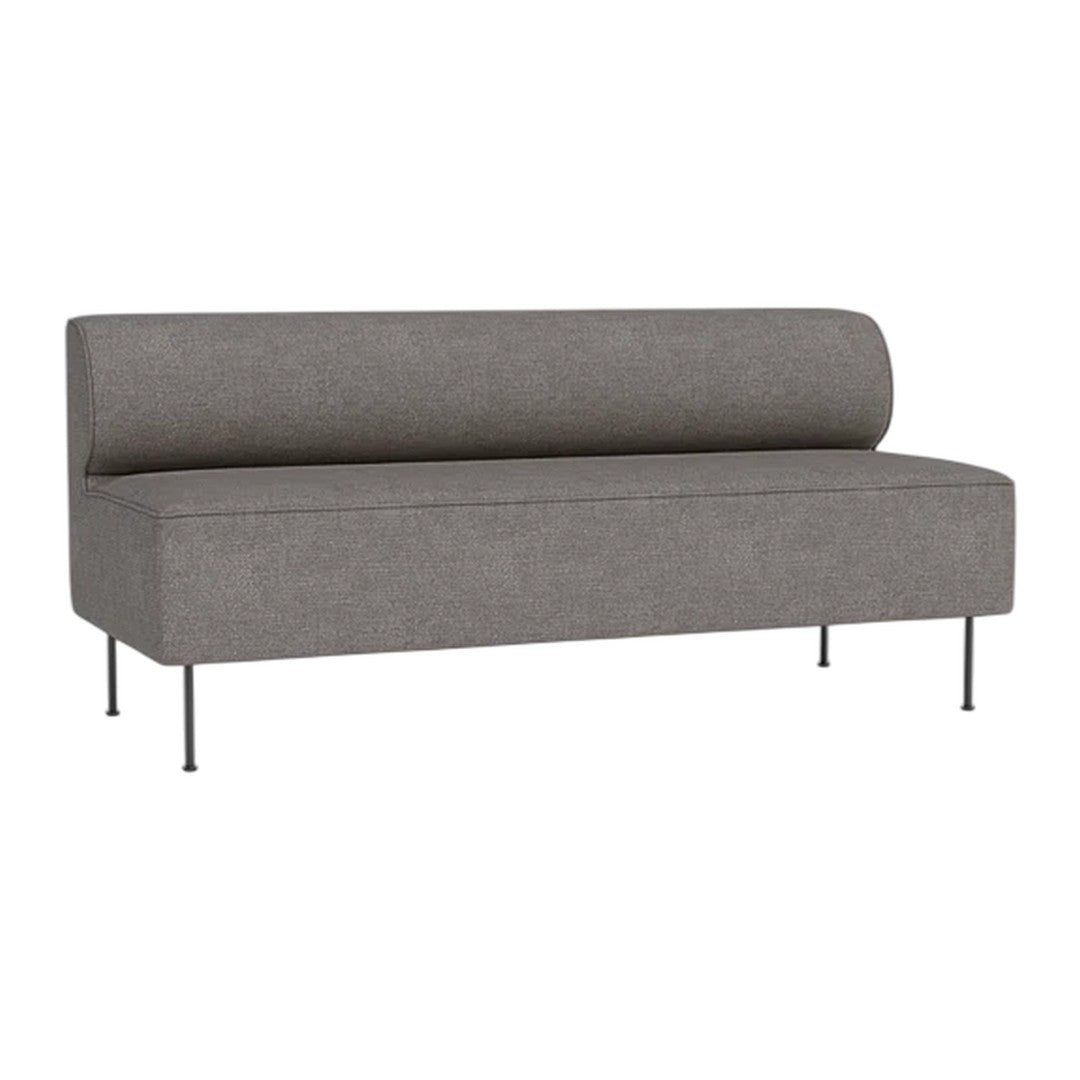 Gray upholstered sofa with a sleek, minimalist design and cylindrical backrest, featuring metal legs.