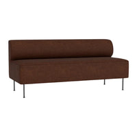 Brown upholstered sofa with a sleek, minimalist design and a smooth fabric texture on silver legs.