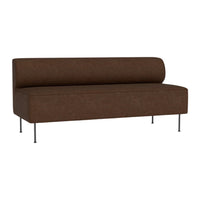 Brown fabric sofa with a sleek, minimalist design and solid color upholstery, featuring a smooth texture.