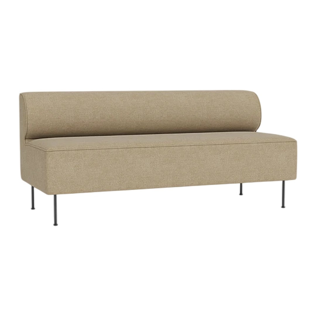 Beige upholstered sofa with a smooth, solid pattern and sleek metal legs. Modern and minimalist design for any space.
