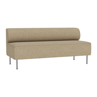 Beige upholstered sofa with a smooth, solid pattern and sleek metal legs. Modern and minimalist design for any space.