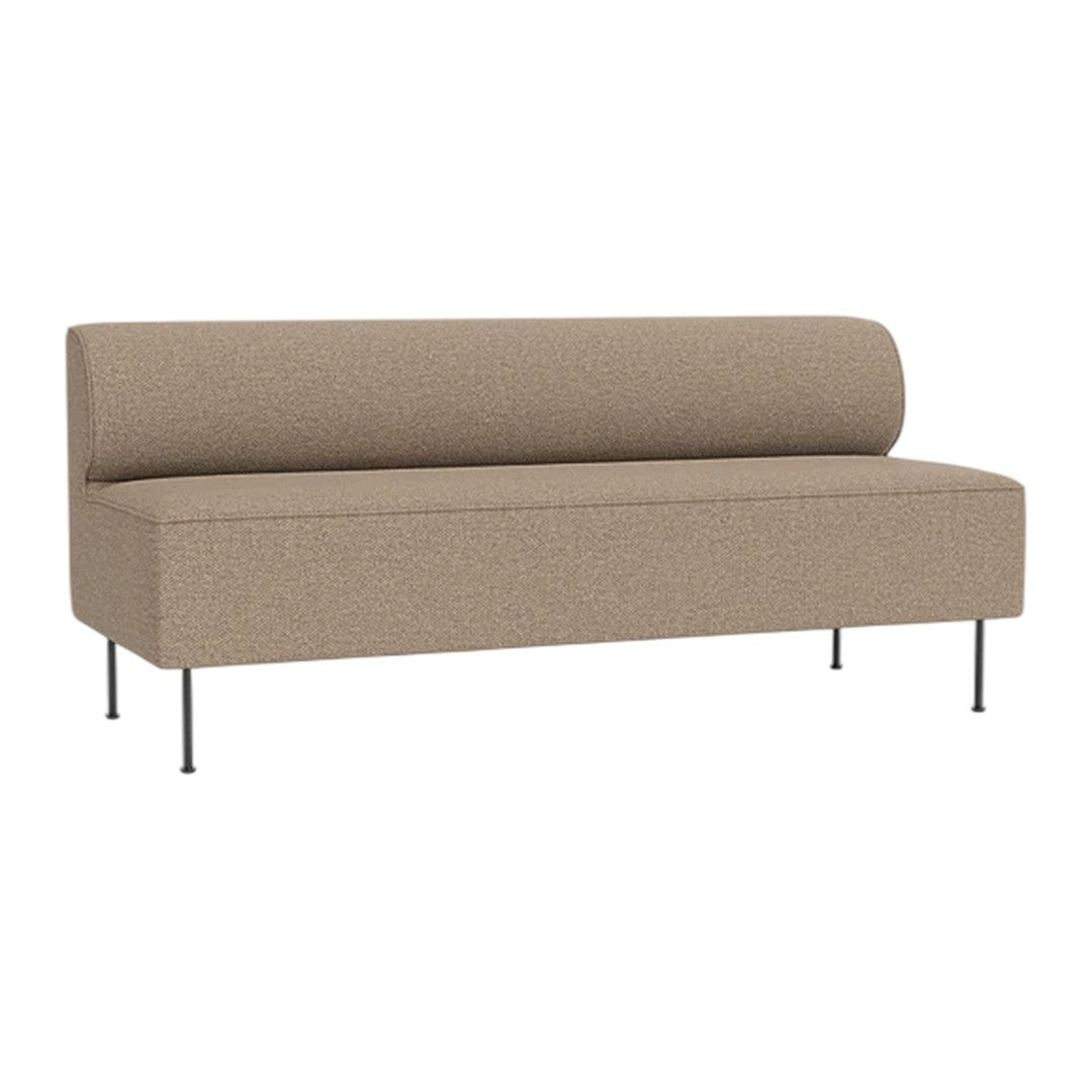 Tan upholstered sofa with a textured pattern and sleek metal legs. Modern design ideal for contemporary spaces.