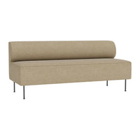 Sleek beige sofa with a minimalist design and smooth upholstery, featuring a rounded back and metal legs.