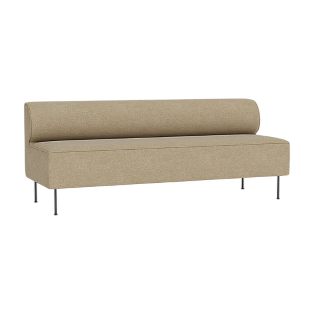 Beige modern sofa with a clean, streamlined design and cylindrical backrest, featuring sleek metal legs.