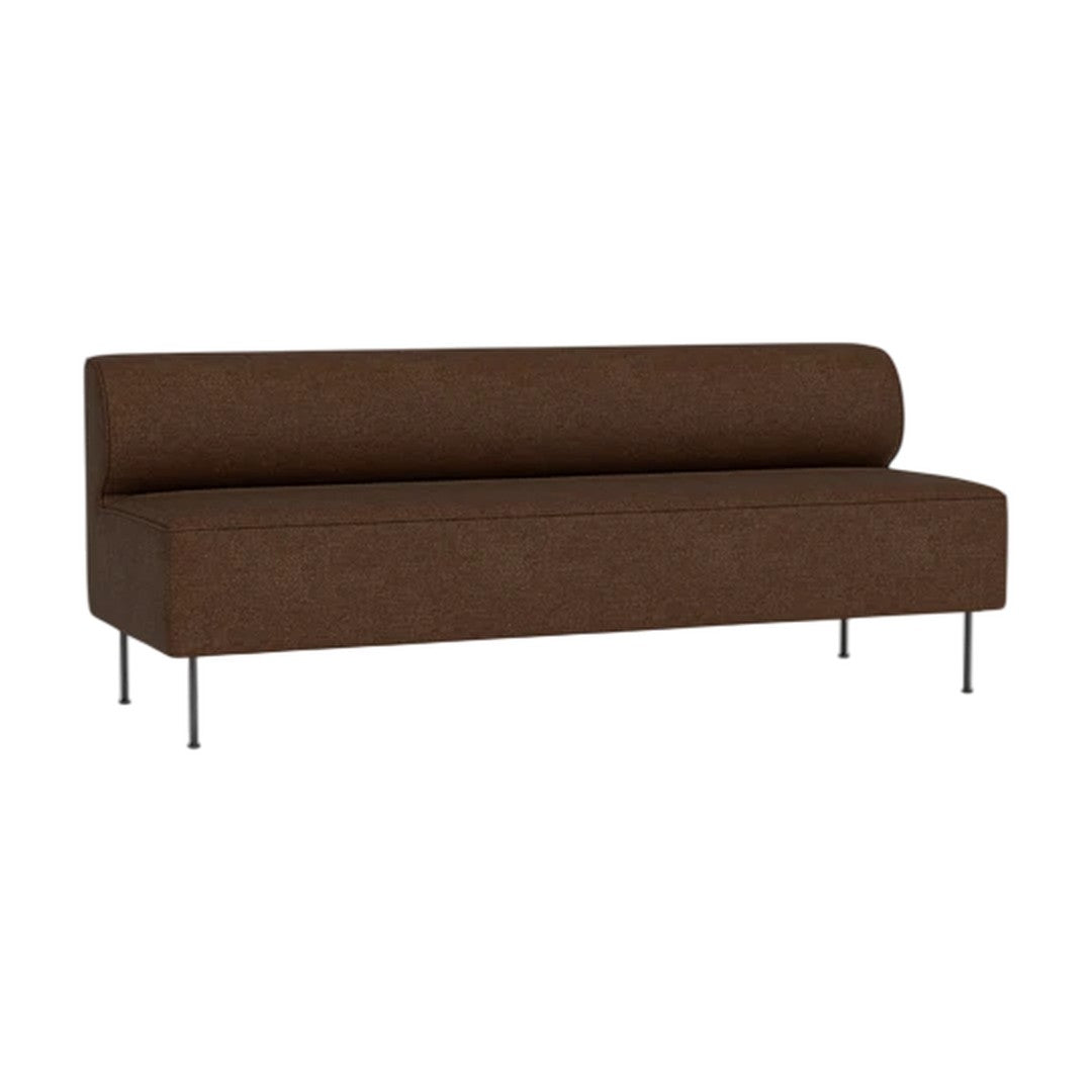 Brown upholstered sofa with a smooth texture and minimalist design, featuring sleek metal legs.
