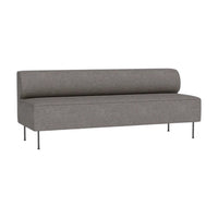 Gray upholstered sofa with a cylindrical back, minimalist design, and sleek metal legs. Perfect for modern decor.