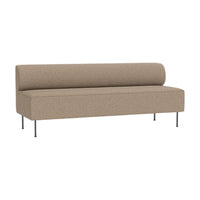 Beige upholstered sofa with a minimalistic design and subtle textured pattern on metal legs.