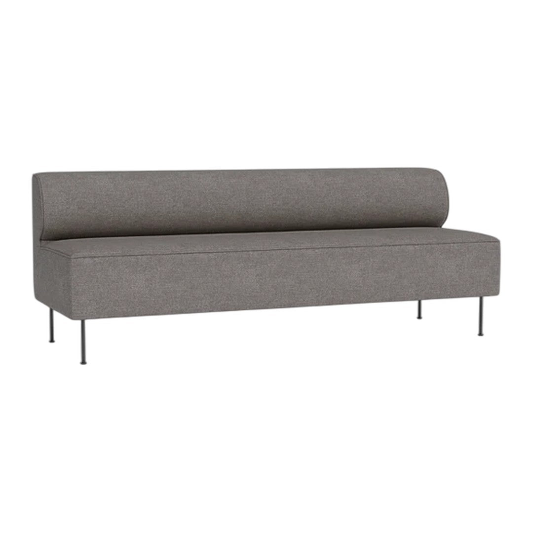 Gray upholstered sofa with a smooth, minimalist design and sleek metal legs. Perfect for modern decor.