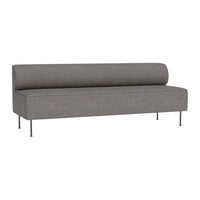 Gray upholstered sofa with a smooth, minimalist design and sleek metal legs. Perfect for modern decor.