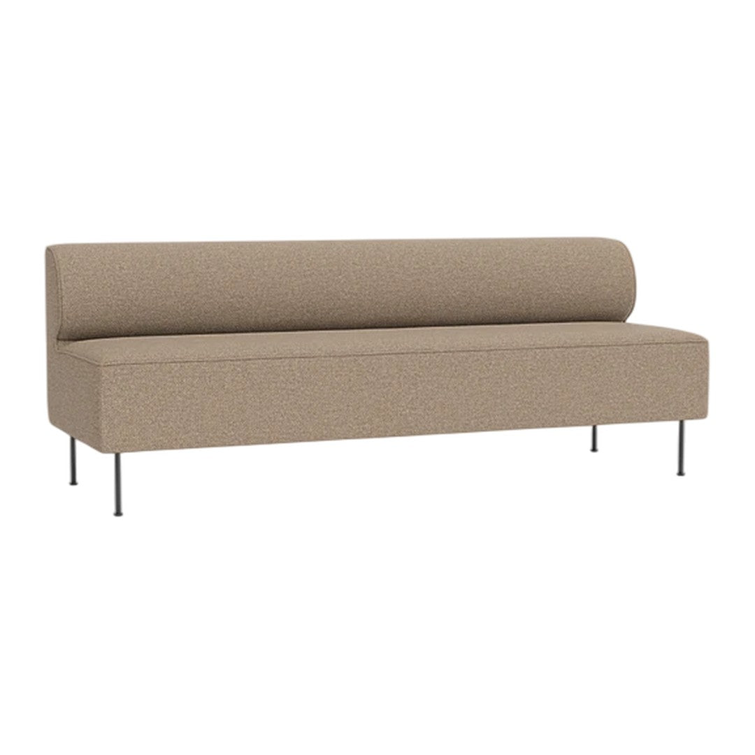 "Modern tan sofa with a minimalist design, featuring subtle texture and sleek metal legs."