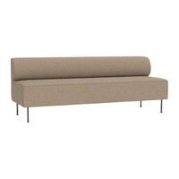 "Modern tan sofa with a minimalist design, featuring subtle texture and sleek metal legs."