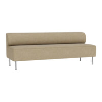 "Beige sofa with a minimalist design, featuring a smooth fabric texture and sleek metal legs."