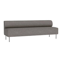 Gray upholstered sofa with a smooth, minimalist design and sleek metal legs. Ideal for modern living spaces.