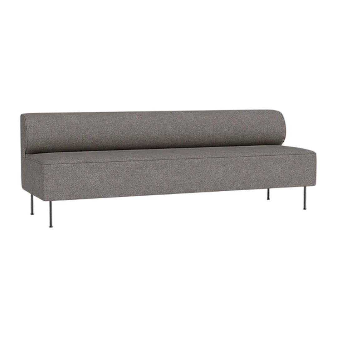 Gray upholstered sofa with a sleek design and minimalistic pattern, featuring metal legs for a modern touch.
