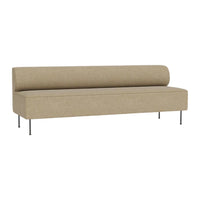 Beige modern sofa with a simple, sleek design and subtle texture, featuring minimalist metal legs.