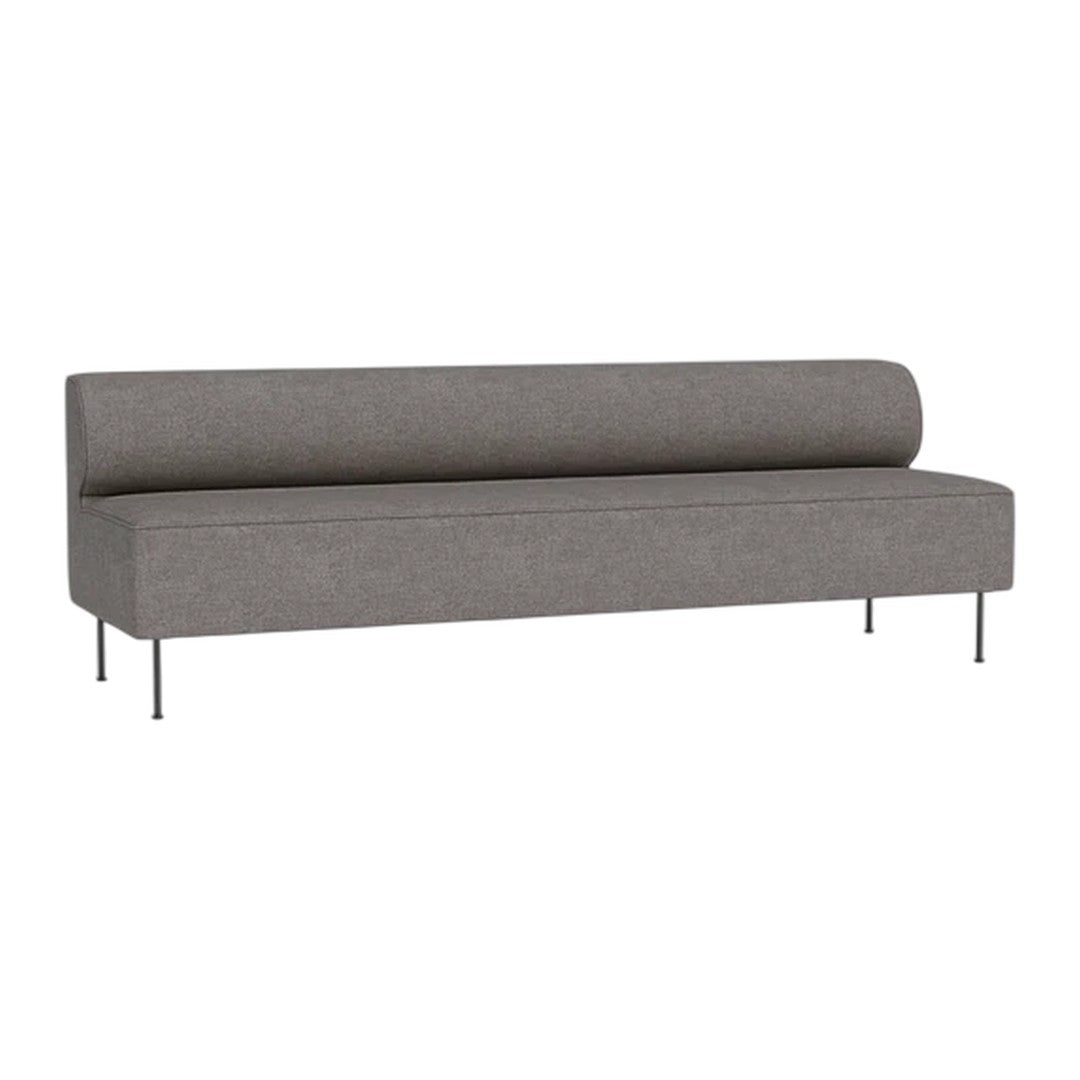 Gray minimalist sofa with a smooth surface and clean lines, complemented by sleek metal legs. Perfect for modern decor.