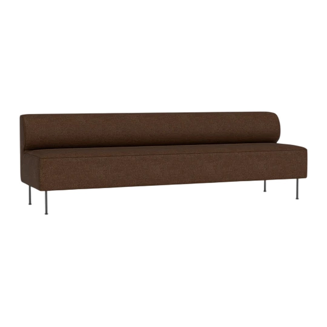 Brown fabric sofa with a sleek, minimalist design and a smooth, solid pattern. Ideal for modern living spaces.