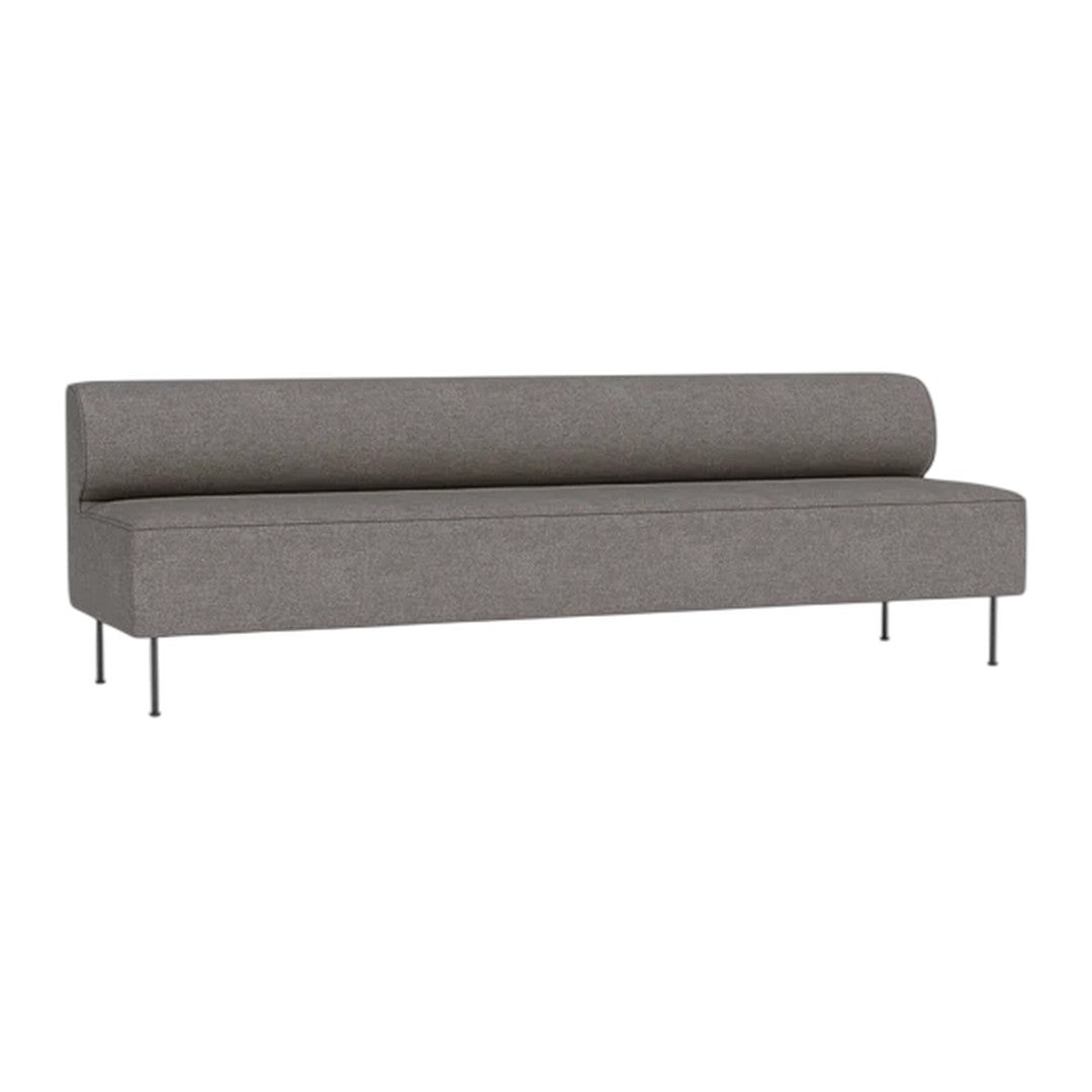Gray upholstered sofa with a sleek, minimal design and metallic legs, ideal for modern decor.