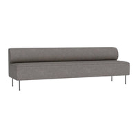 Gray upholstered sofa with a sleek, minimal design and metallic legs, ideal for modern decor.