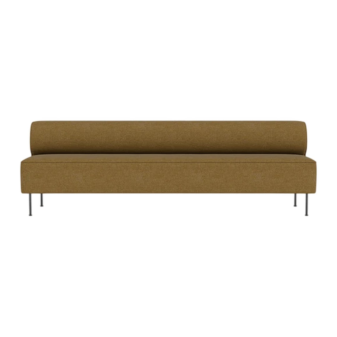 "Modern brown sofa with sleek design and clean lines, featuring a textured fabric and metallic legs."