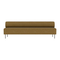 "Modern brown sofa with sleek design and clean lines, featuring a textured fabric and metallic legs."