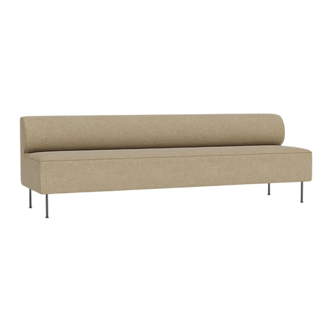 Beige sofa with a minimalist design and smooth fabric, featuring a cylindrical backrest and sleek metal legs.